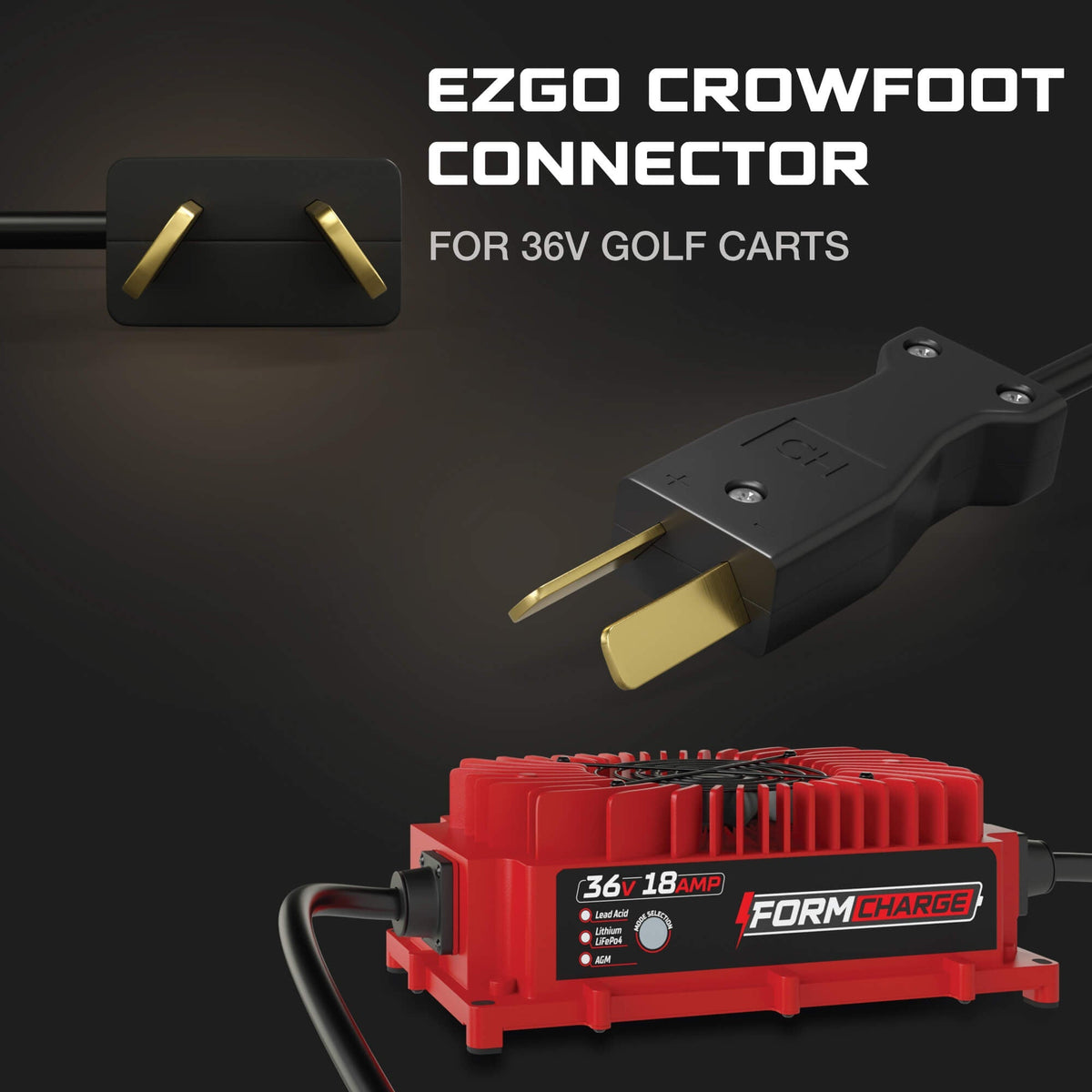 FORM 36V 18A Golf Cart Charger for Club Car, EZGO & Yamaha -Crowfoot Plug - Lithium, Lead Acid, AGM