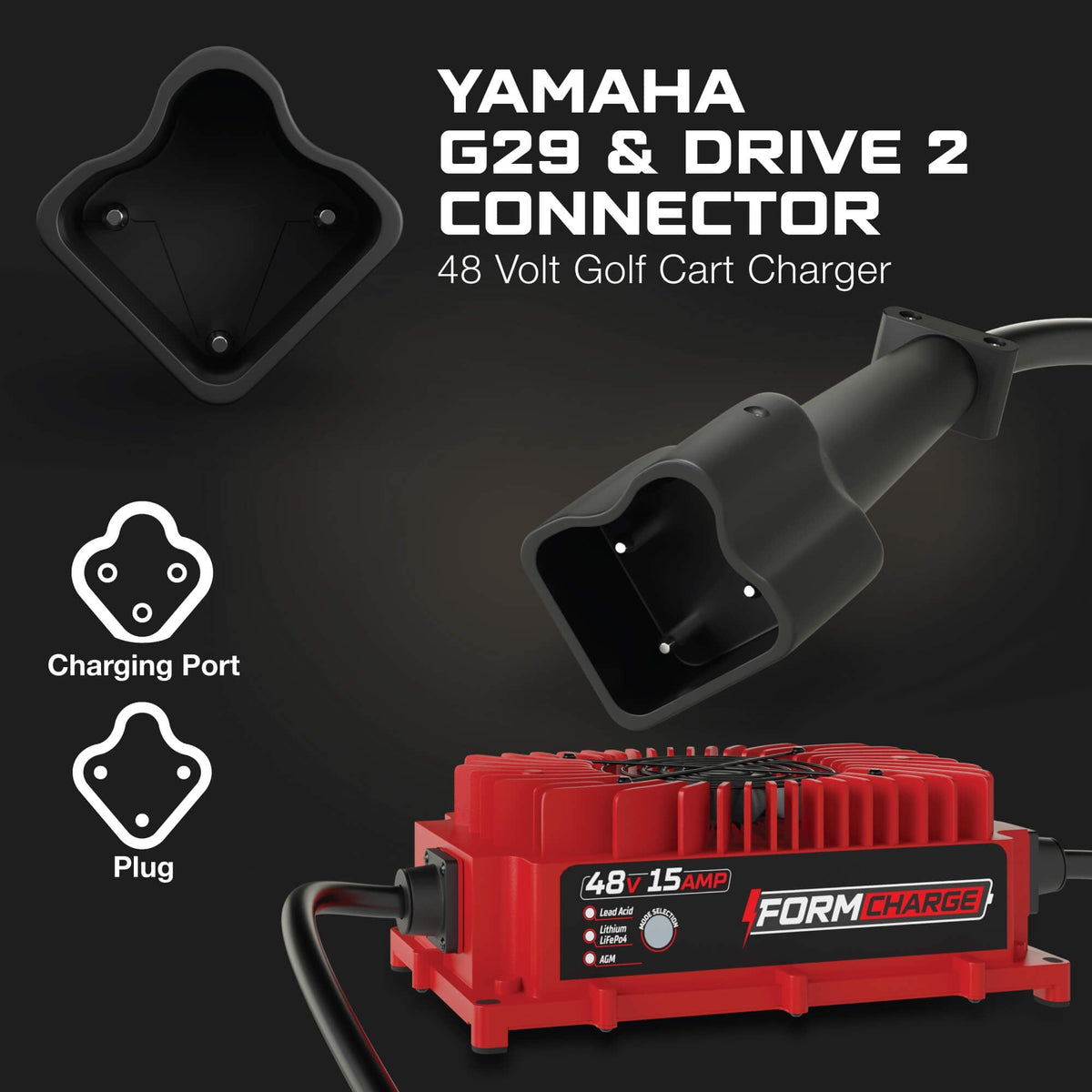YAMAHA 48V 15A Golf Cart Charger - G29, Drive & Drive 2 - Lithium, LiFePO4, Lead Acid, AGM